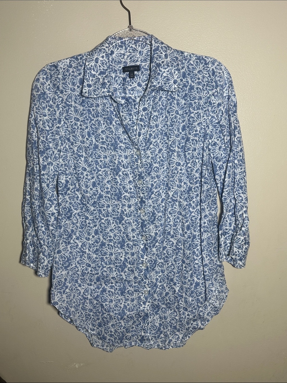 Talbots XS Blue White Floral Linen Button Up Top